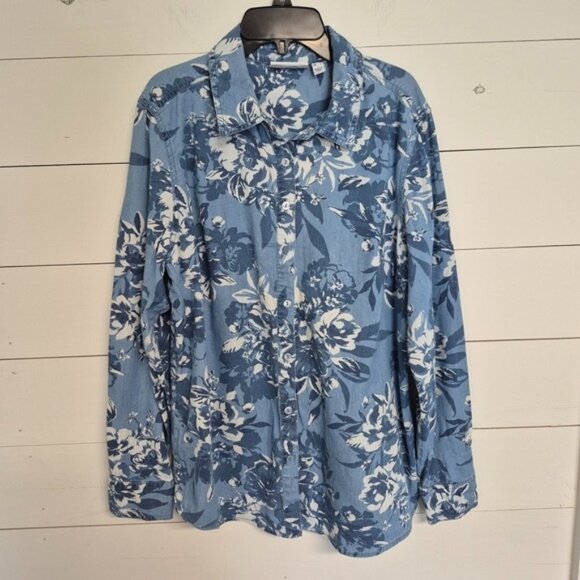 Denim & Co. Tops - Denim & Co. Womens Floral Button-Up Shirt Long Sleeve Cottage Core Top L